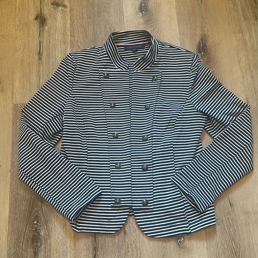 Tommy Hilfiger Women's Navy Blue White Striped Blazer Jacket Military Medium L